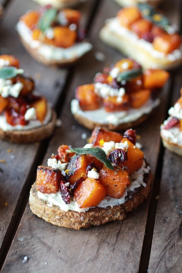wholegrain bread slices, vegetarian appetizer recipes, chopped and baked, sweet potato on top