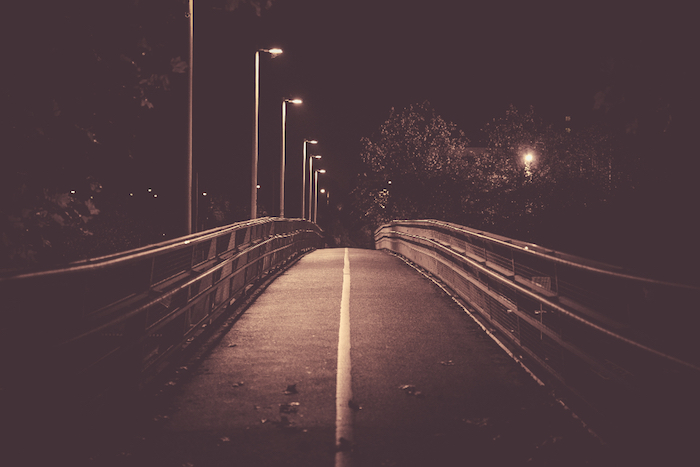 beach tumblr, bridge road, lamps on the side, trees in the background