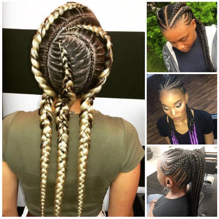side by side photos, of different hairstyles, cornrow styles, on black and blonde hair