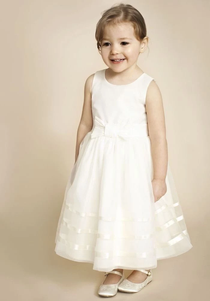 short brown hair, white tulle dress, white shoes, cute girl outfits, white background