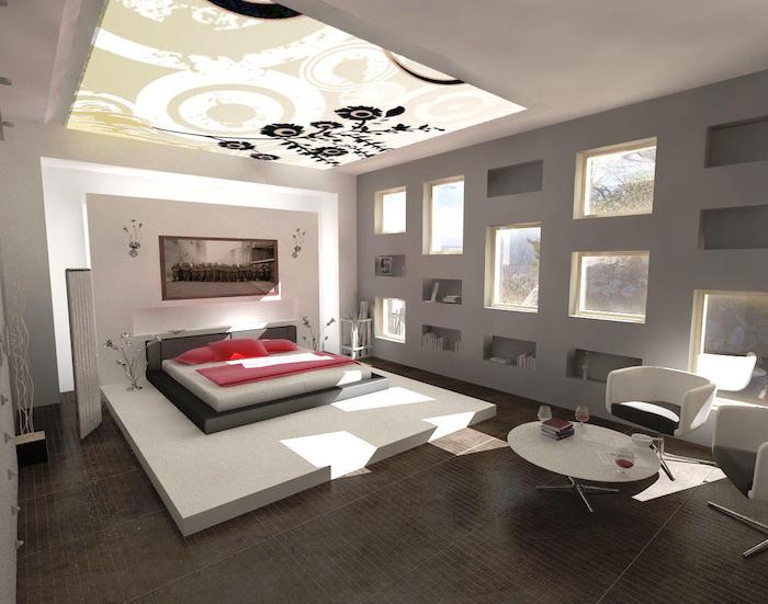 tiled floor, how to decorate your room, grey wall, white armchairs, ceiling accent, grey bed frame