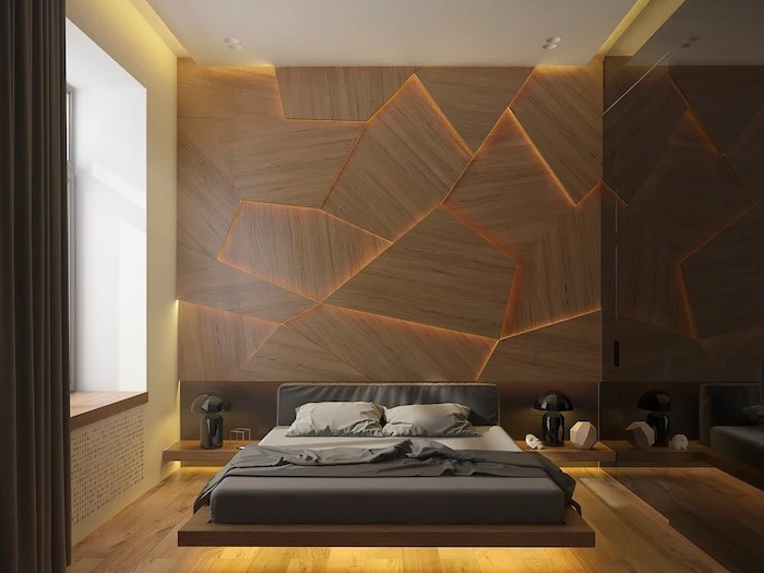 wooden boards, led lights between them, accent wall, bedroom design ideas, wooden floating bed