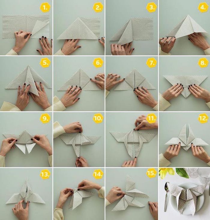 grey napkin, with white dots, butterfly shaped, diy tutorial, easy napkin folding, step by step