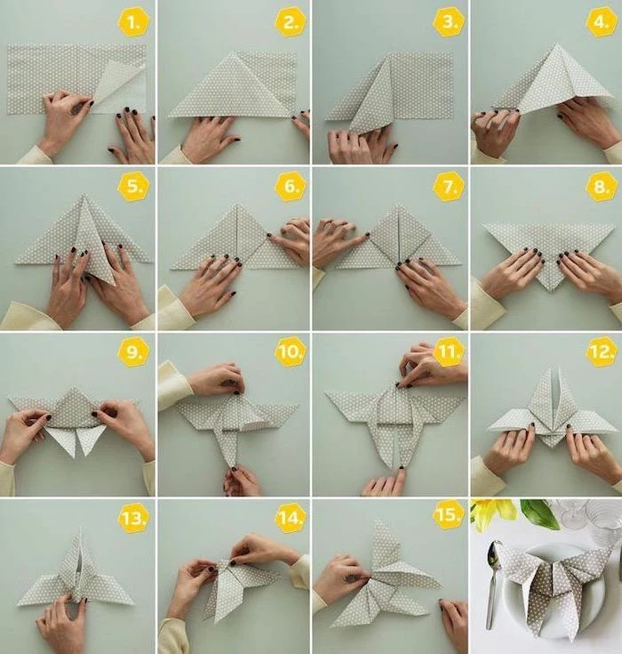 grey napkin, with white dots, butterfly shaped, diy tutorial, easy napkin folding, step by step