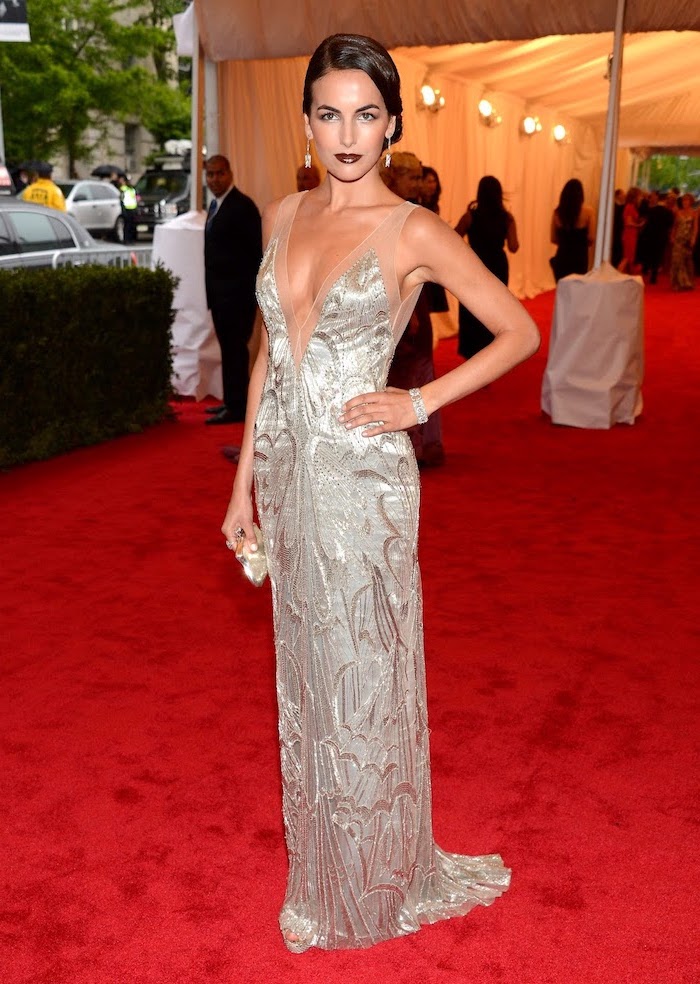 long silver dress, worn by camille belle, met gala, brown hair, in a low updo, on the red carpet
