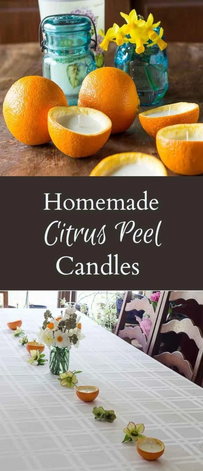 homemade citrus peel candles, sliced oranges in half, how to make scented candles, filled with candle waax