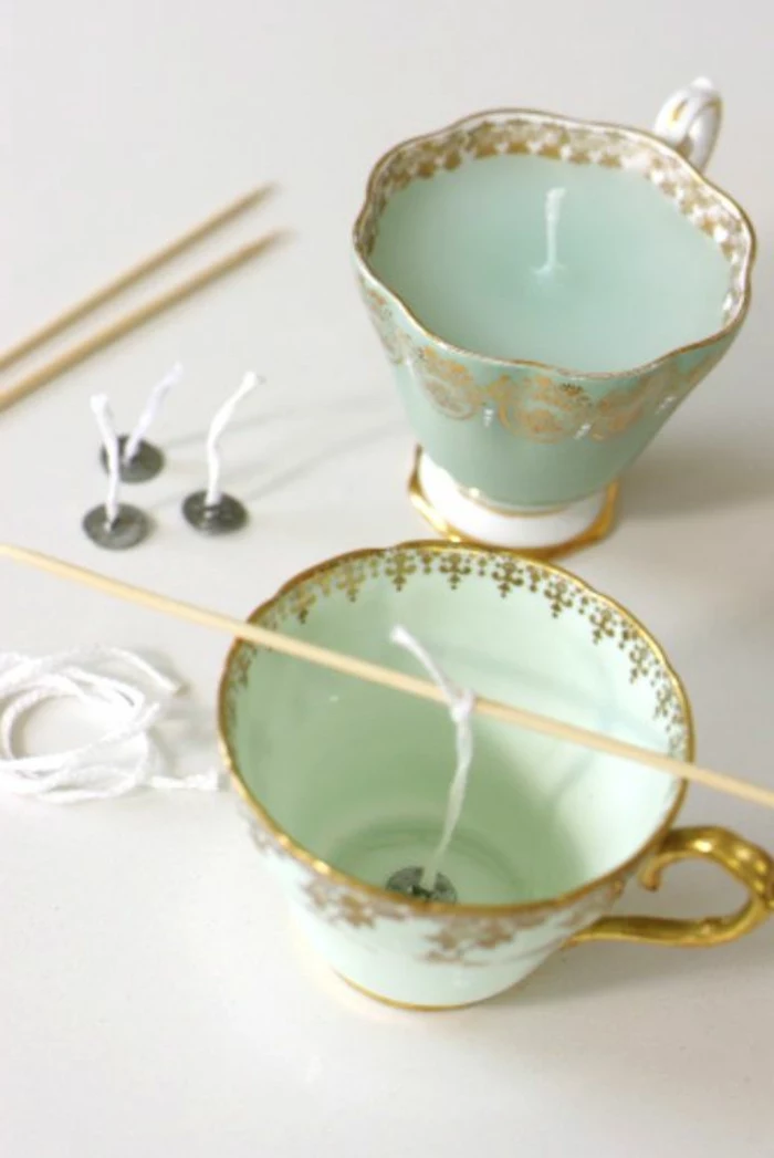 candle wicks, how to make scented candles, vintage teacups, filled with candle wax