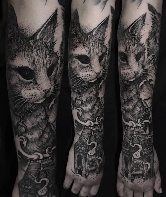 large cat head, old house, arm tattoos for women, black background, side by side photos