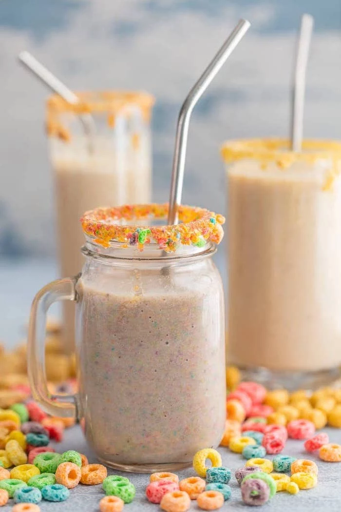 colourful breakfast cereal, how to make a strawberry banana smoothie, silver straws