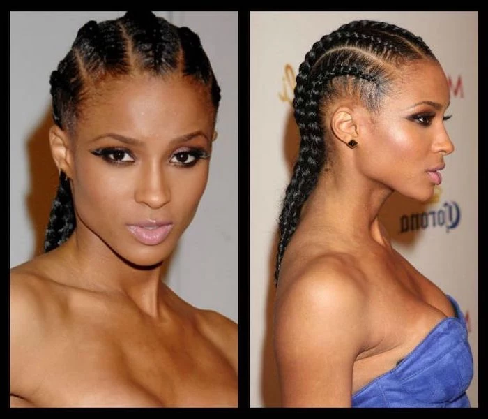 ciara with black hair, side by side photos, big cornrows hairstyles, wearing a blue velvet top