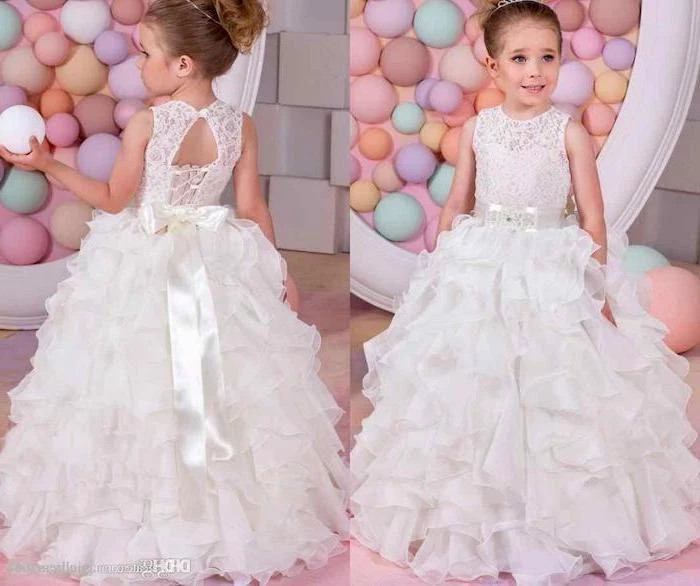 colourful background, white lace and tulle dress, girls party dresses, white satin bow, blonde hair, high updo
