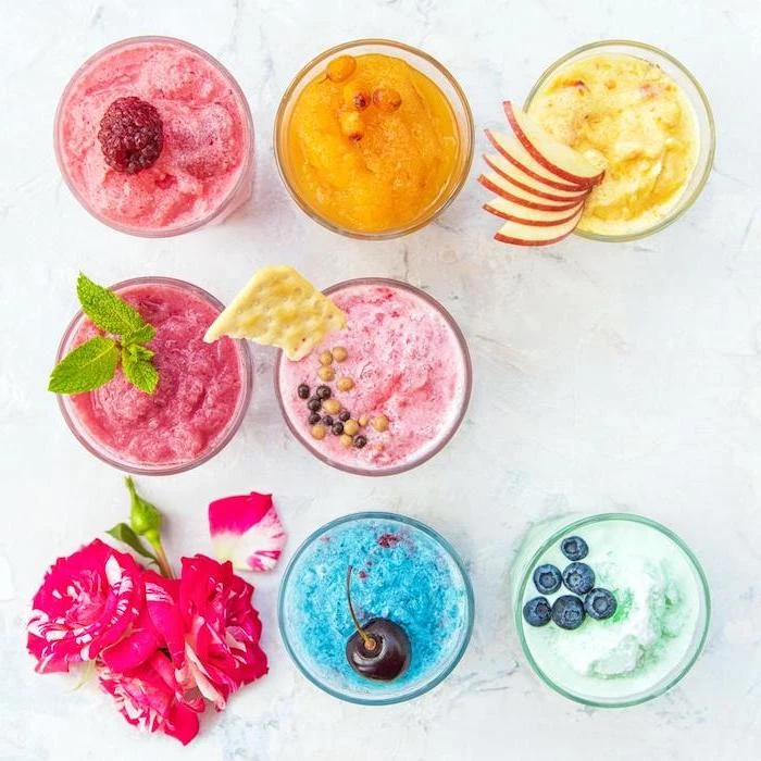 seven smoothies, with different ingredients, green smoothie recipe, fruits on top