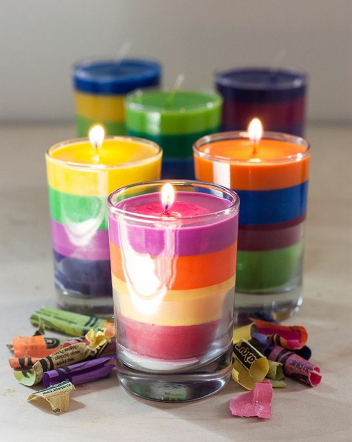 colourful candles, how to make homemade candles, crayon wrappers around, small round glasses