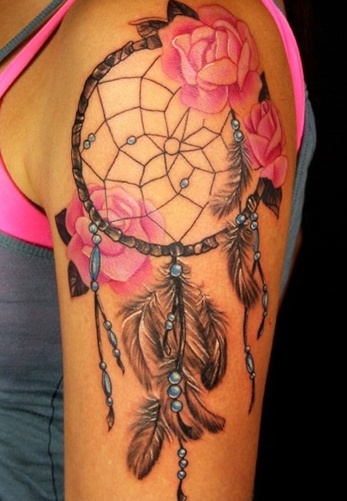 pink roses, back tattoos for women, blue and black dreamcatcher, shoulder tattoo, neon pink bra, grey top