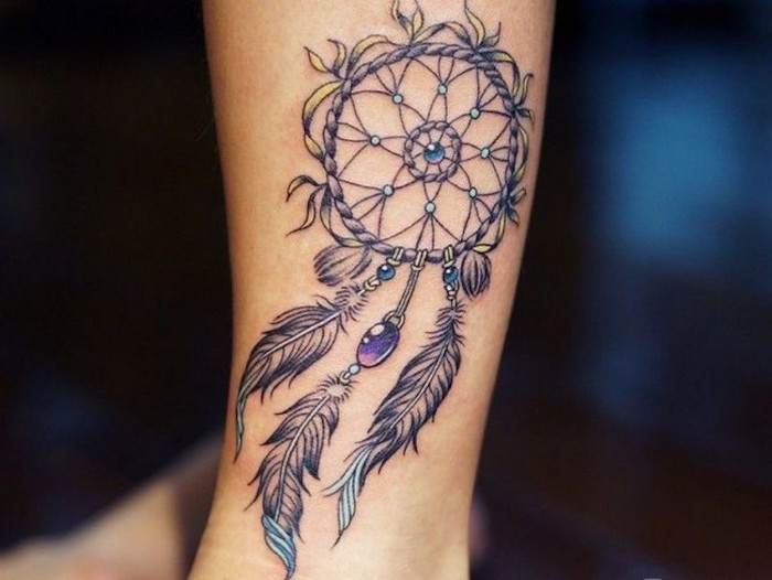 colourful dreamcatcher, leg tattoo, tattoos for women