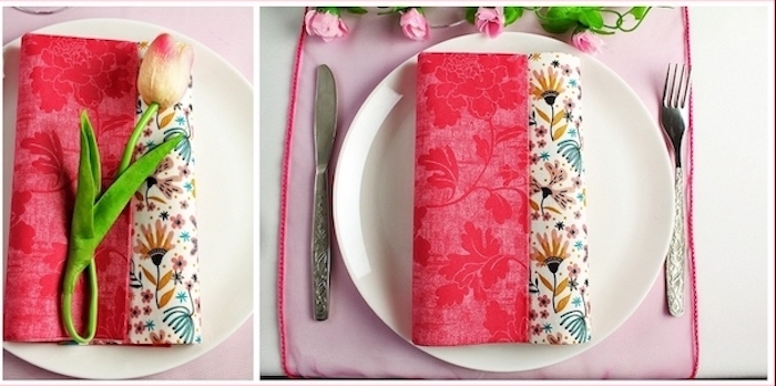 floral napkin, tulip on top, side by side photos, christmas napkin folding, white plate, pink table runner