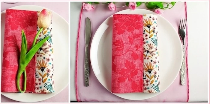 floral napkin, tulip on top, side by side photos, christmas napkin folding, white plate, pink table runner