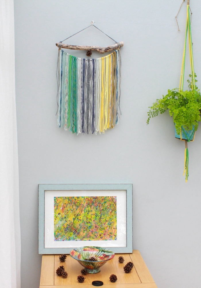 colourful abstract art, macrame diy, potted plant, colourful macrame decoration, pine cones, grey wall