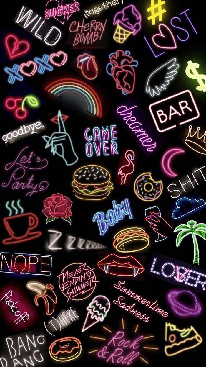 90s inspired, neon signs, on a black background, backgrounds for girls
