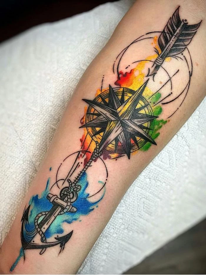 arrow with an anchor, going through a compass, forearm tattoos, watercolour tattoo