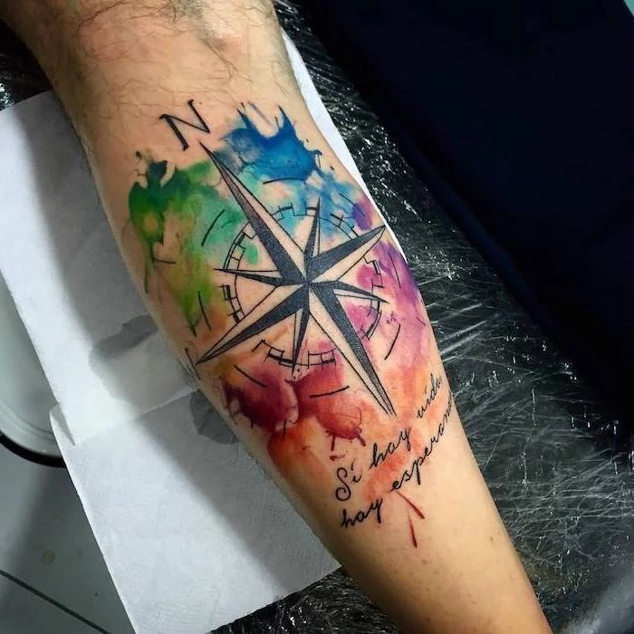 watercolour compass, forearm tattoo, arm tattoos for women, hand on white paper