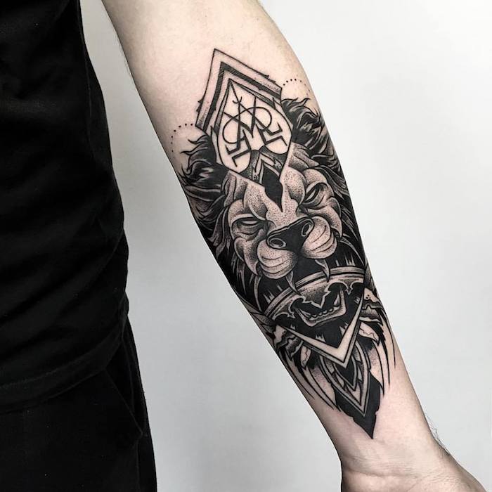 tattoo design for women, roaring lion, forearm tattoo, white background