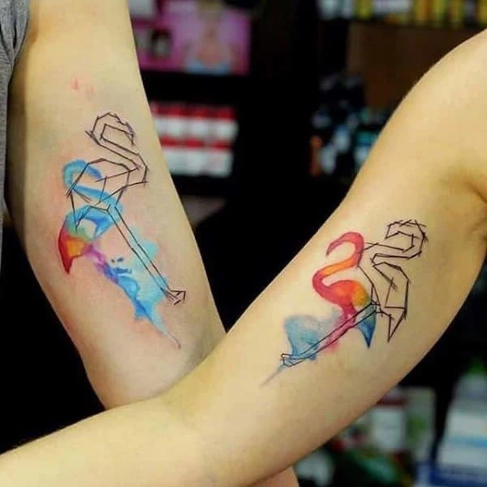 watercolour flamingo, inside arm tattoo, marriage tattoos