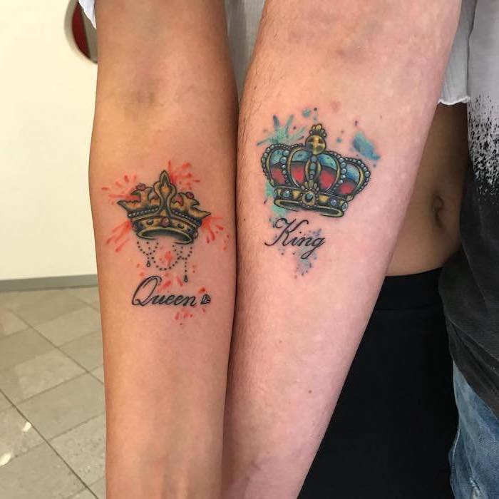 queen and king, watercolour crowns, forearm tattoos, marriage tattoos