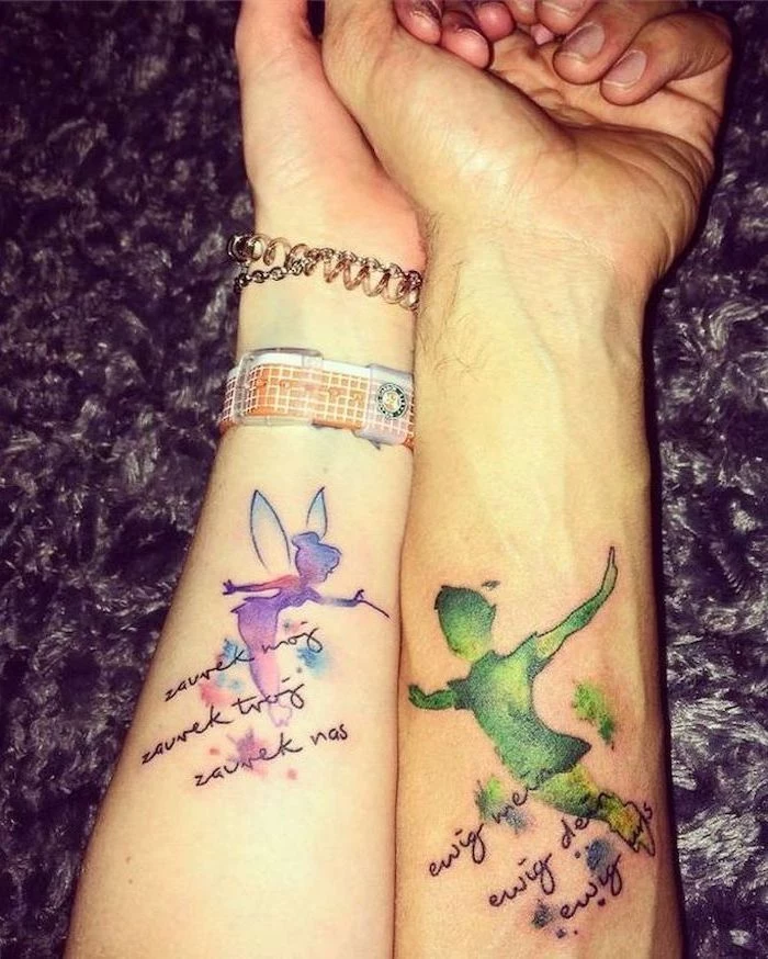 marriage tattoos, peter pan and tinkerbell, watercolour forearm tattoo