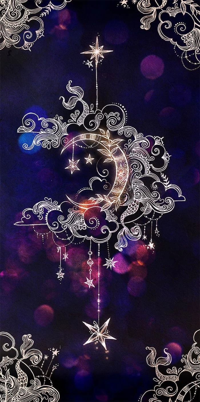 crescent moon, mandala drawings, backgrounds for girls, purple background