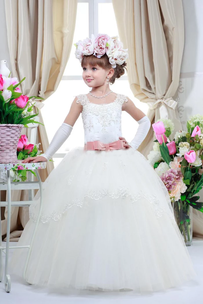 white lace and tulle dress, girls party dresses, flower crown, brown hair with bangs, white satin gloves