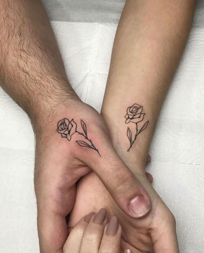small roses, finger tattoos, couple tattoos ideas gallery, white paper background