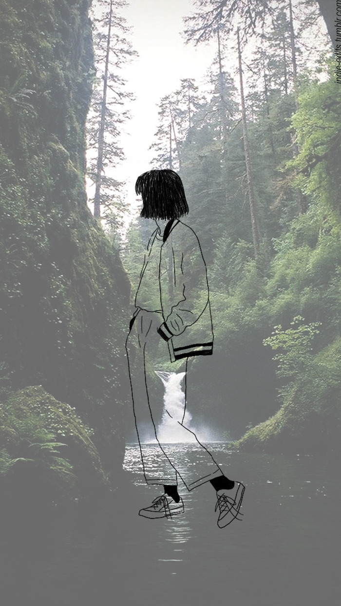 forest landscape, girl drawing, river flowing, tall trees, cute tumblr backgrounds