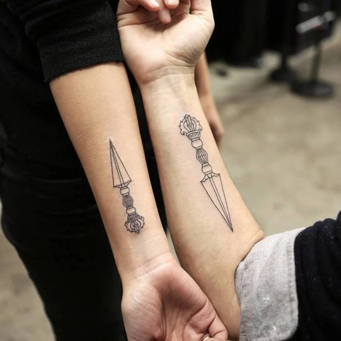 dagger forearm tattoos, matching tattoos, tattoo designs for men