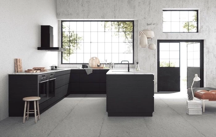black u shaped kitchen, kitchen island breakfast bar, black cabinets, marble countertops