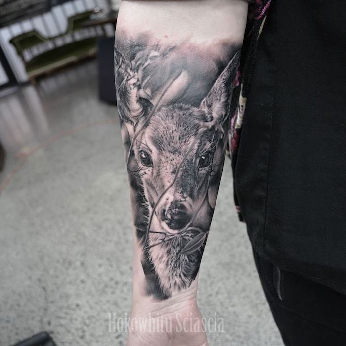 deer head, forearm tattoo, tattoo designs for men, granite floor