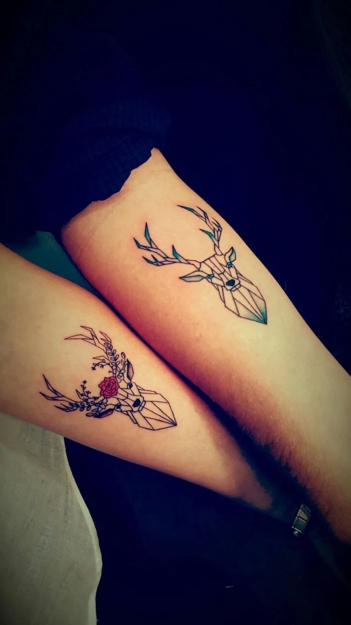deer and stag, geometric design, matching tattoos, forearm tattoos
