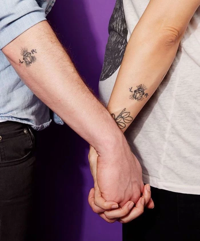 shining diamond, holding hands, couple tattoos ideas gallery, purple background