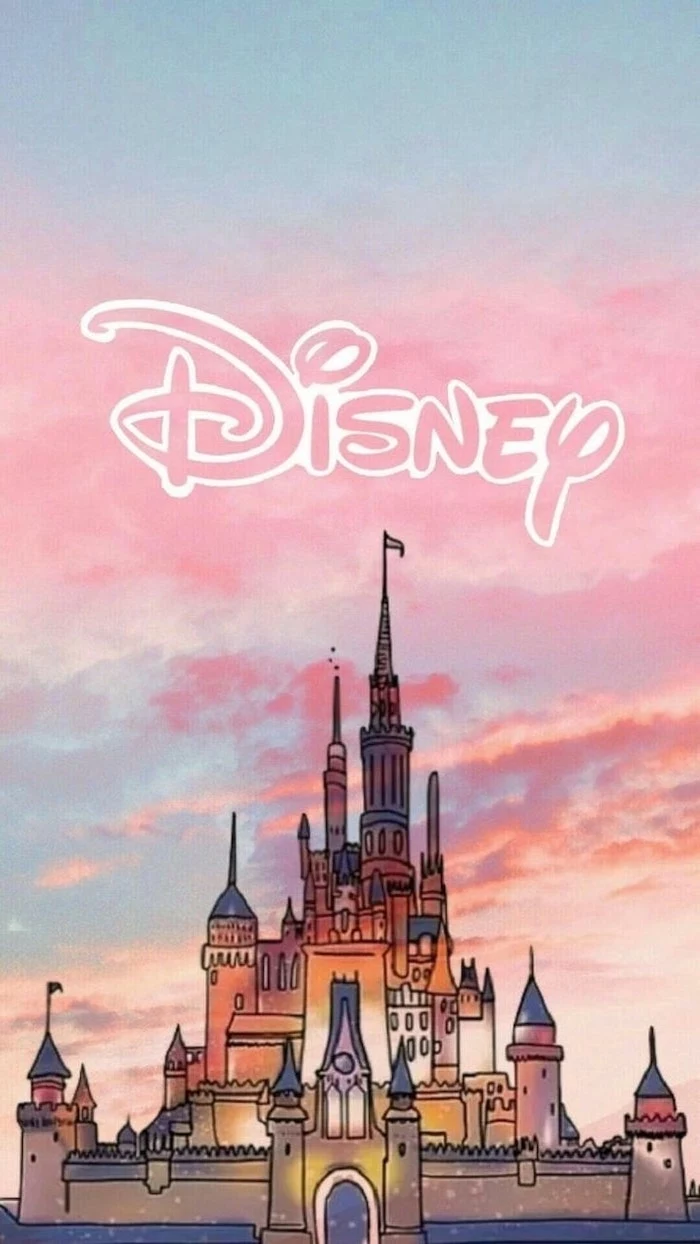 disney castle drawing, pink and blue sky, cute phone wallpapers