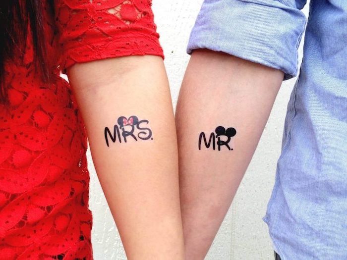 mrs and mr, disney inspired, mickey and minnie, matching tattoos, forearm tattoos