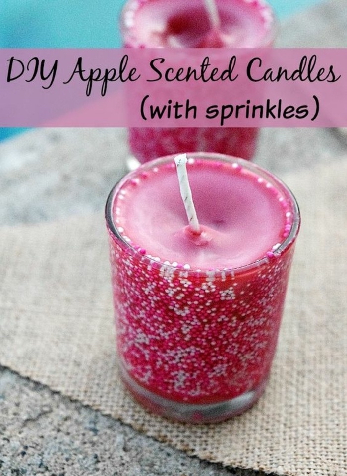 essential oil candles, diy apple scented candles, with sprinkles, small round glass