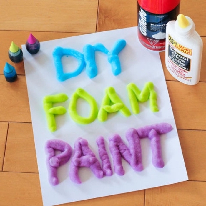 diy foam paint, shaving cream, elmer's glue, literacy activities for preschoolers, purple green and blue paint