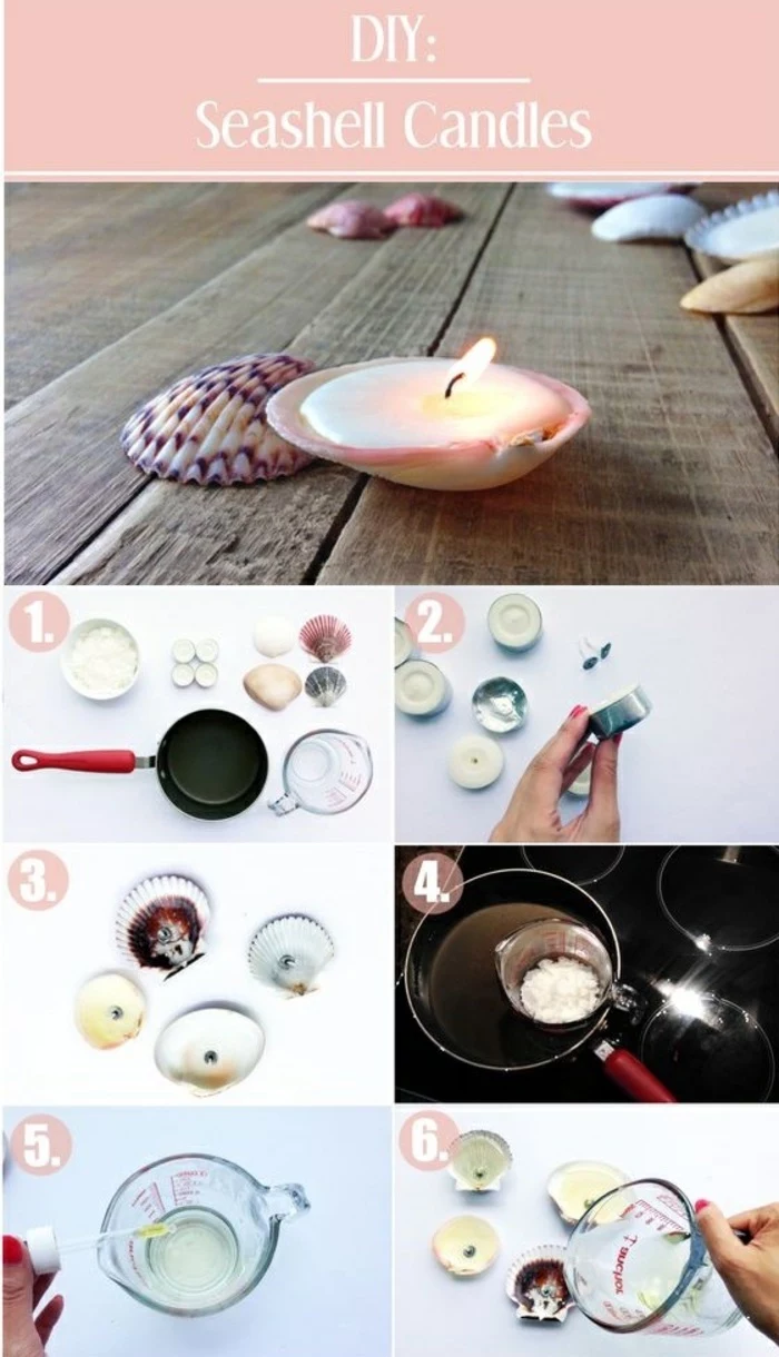 diy seashell candles, step by step, diy tutorial, how to make homemade candles, essential oils