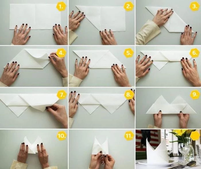 crown shaped, white napkin, step by step, christmas napkin folding, diy tutorial