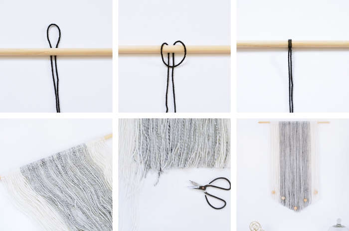 macrame wall hanging diy, step by step tutorial, white wall, black scissors