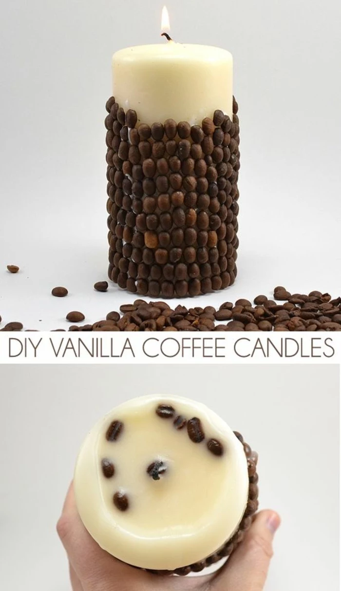 diy vanilla coffee candles, candle wedding favors, coffee beans scttared around