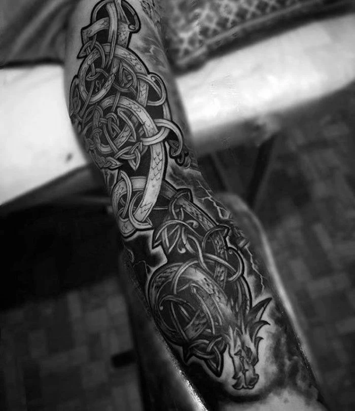 arm tattoos for men, large dragon, forearm sleeve, black and white photo