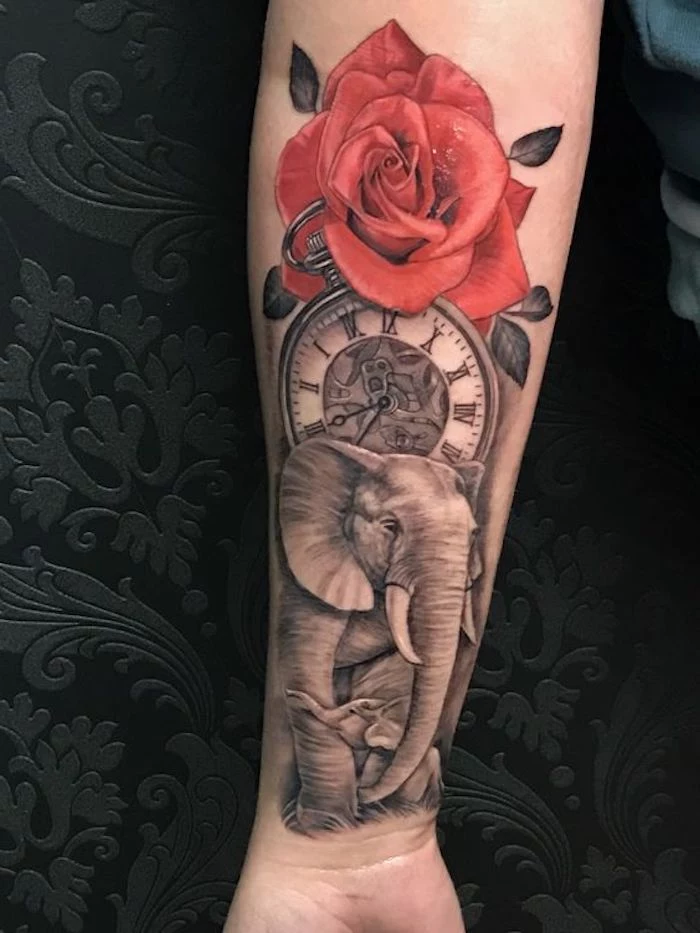 elephant with its baby, stopwatch and red rose, forearm tattoo, upper arm tattoos