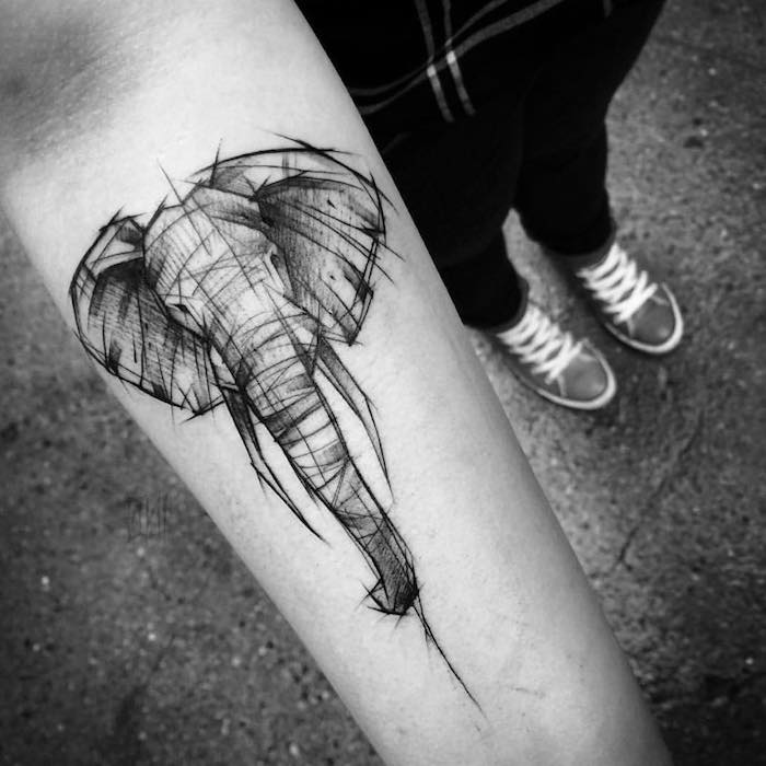 elephant head, black and white sketch, forearm tattoo, tattoos for men