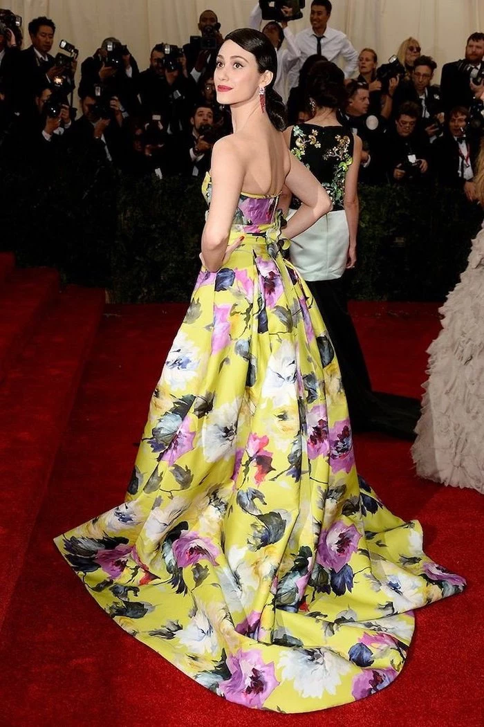 long yellow dresses, with pink and white flowers, emmy rossum, met gala dresses